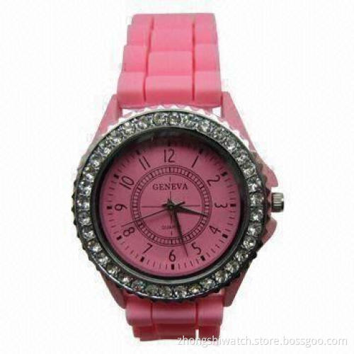 Pink Geneva Bezel Watch for Gift, with Silicone Band, Crystal Stone and Japan Quartz Movement